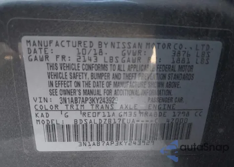 2019 Nissan Sentra S z USA, uszkodzony, nr VIN 3N1AB7AP3KY243929